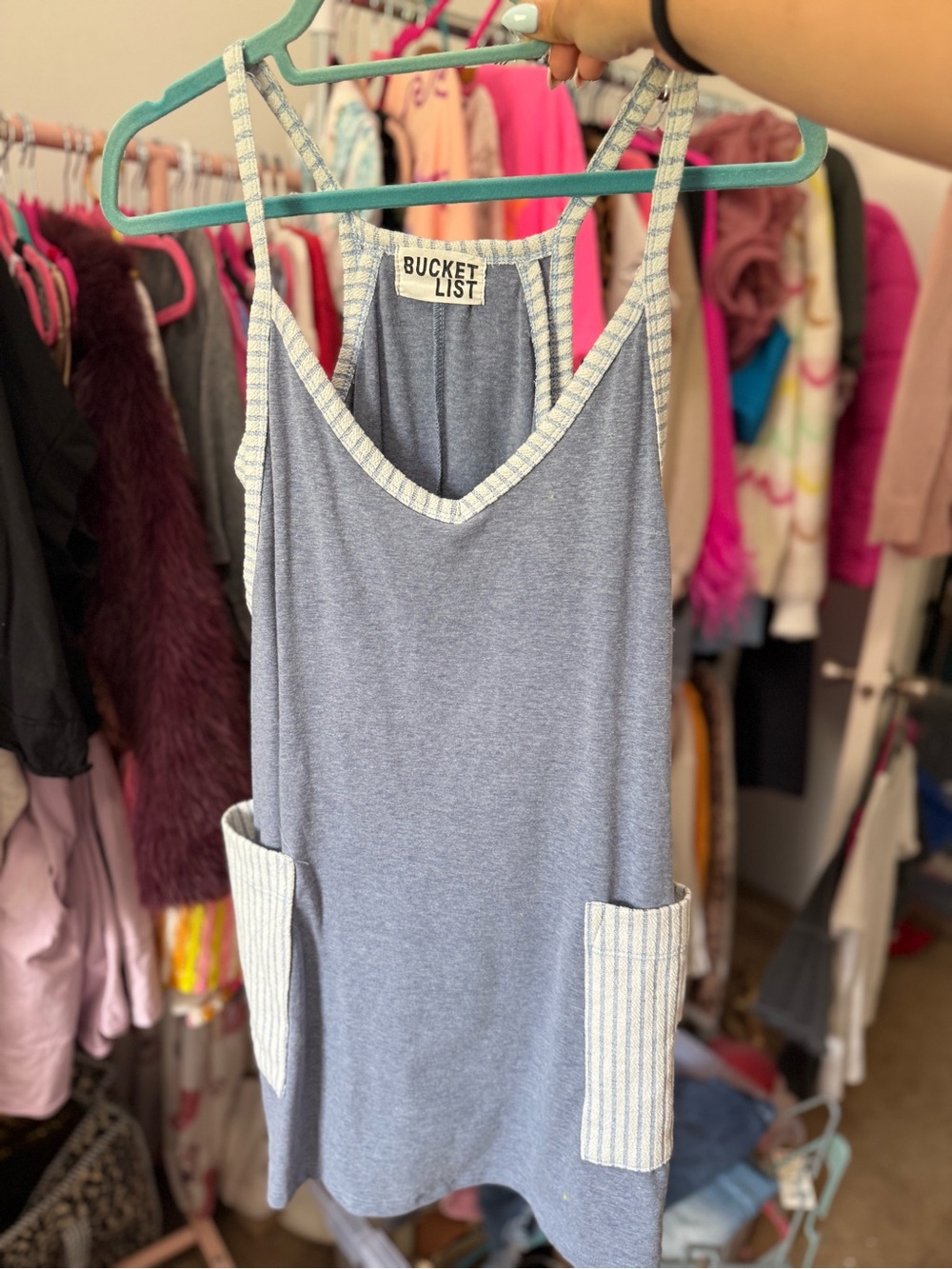 BUCKETLIST Light Blue Tank Dress Romper with Striped Trim